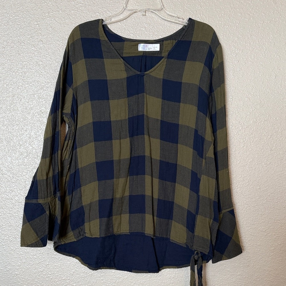 Time and Tru Navy and Olive Plaid Blouse Size XXL / 20